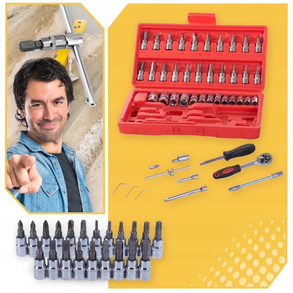 ZESTAW KLUCZY NARZĘDZI NASADOWYCH KLUCZE NASADOWE 46 Elementów TORX Waga produktu z opakowaniem jednostkowym 1.215 kg
